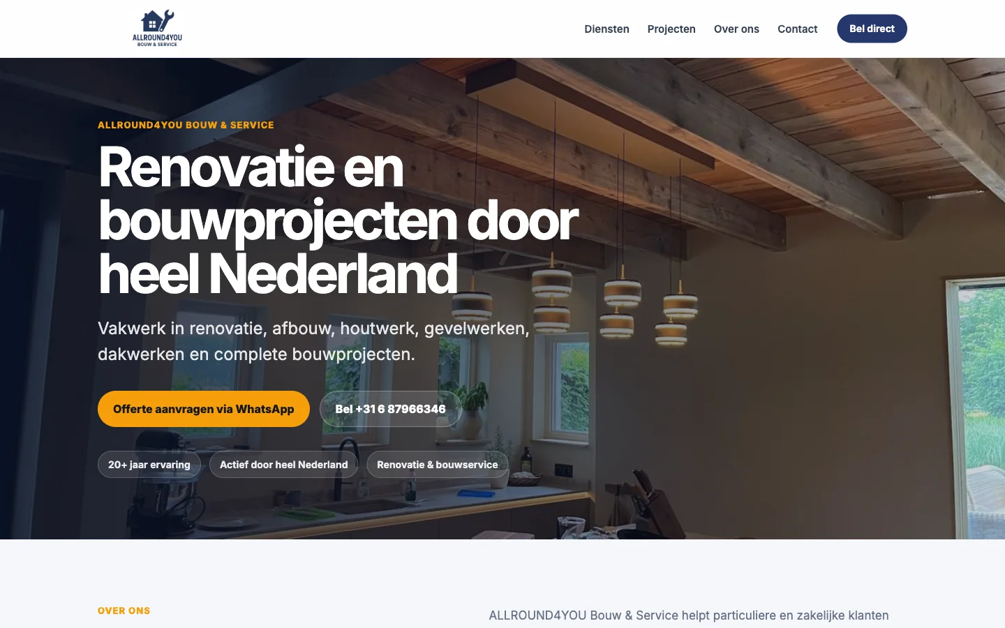 Desktopscreenshot van de ALLROUND4YOU-homepage: kop, WhatsApp- en belknoppen, en drie trustbadges over een projectfoto