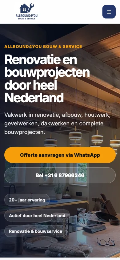 Mobiel screenshot van de ALLROUND4YOU hero-sectie, met kop, WhatsApp-knop en belknop onder elkaar over de volle breedte