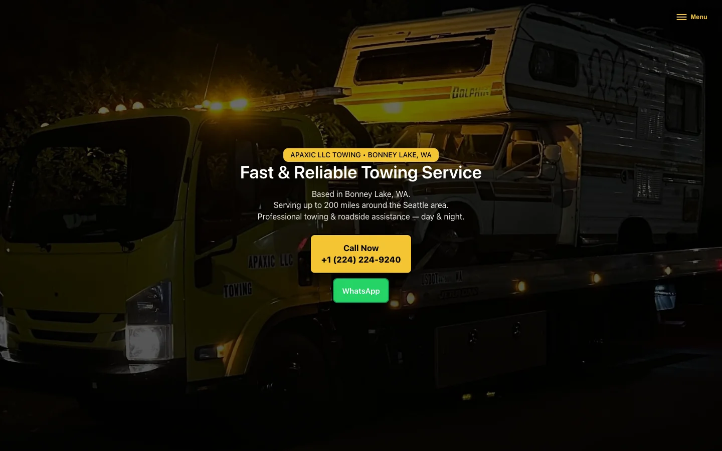 Desktopscreenshot van de Apaxic Towing-homepage met informatie over het werkgebied en bel-/WhatsApp-knoppen