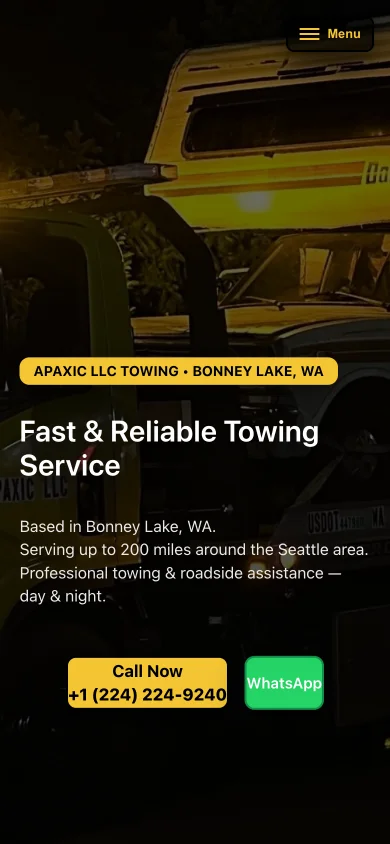 Mobiel screenshot van de Apaxic Towing-homepage, over de volle breedte gestapeld