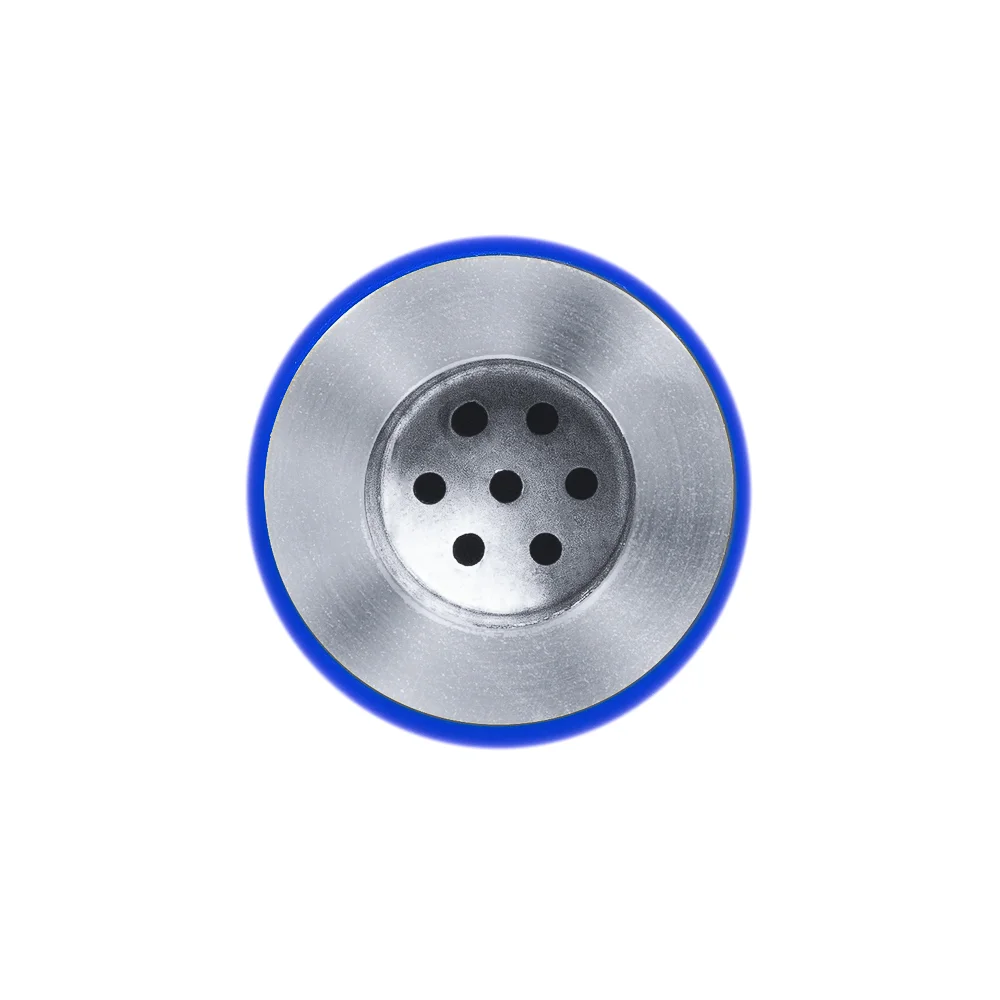 Top-down product photo of the Universal Plug cap in blue, showing the perforated metal insert